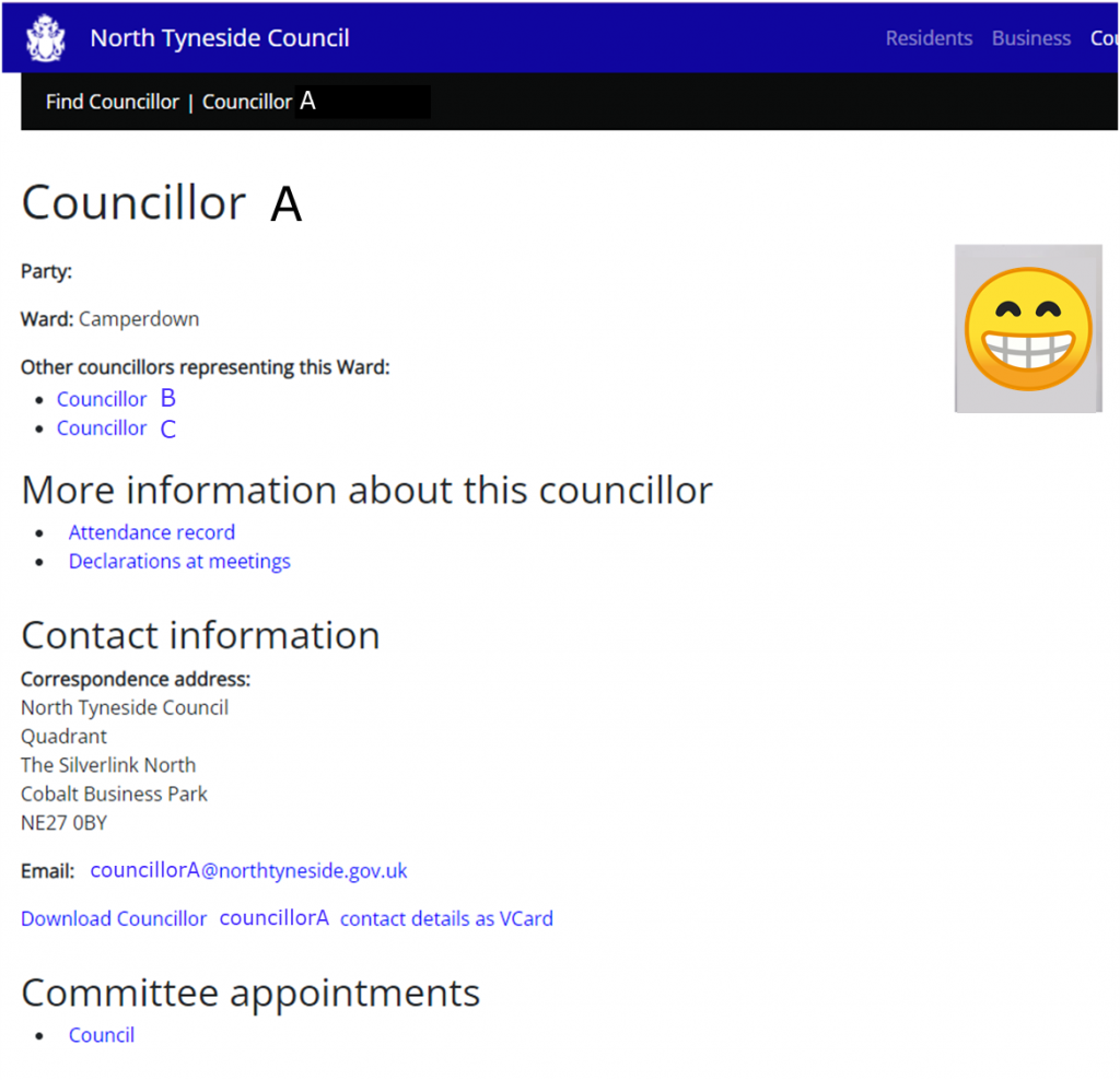 The details of the councillor page from North Tyneside Council website. 